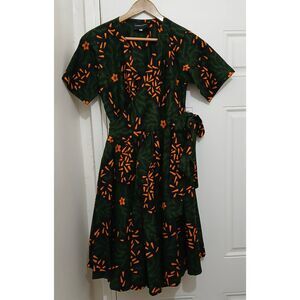 Tribalbyn womens small green orange wrap hand painted shift dress fit flare